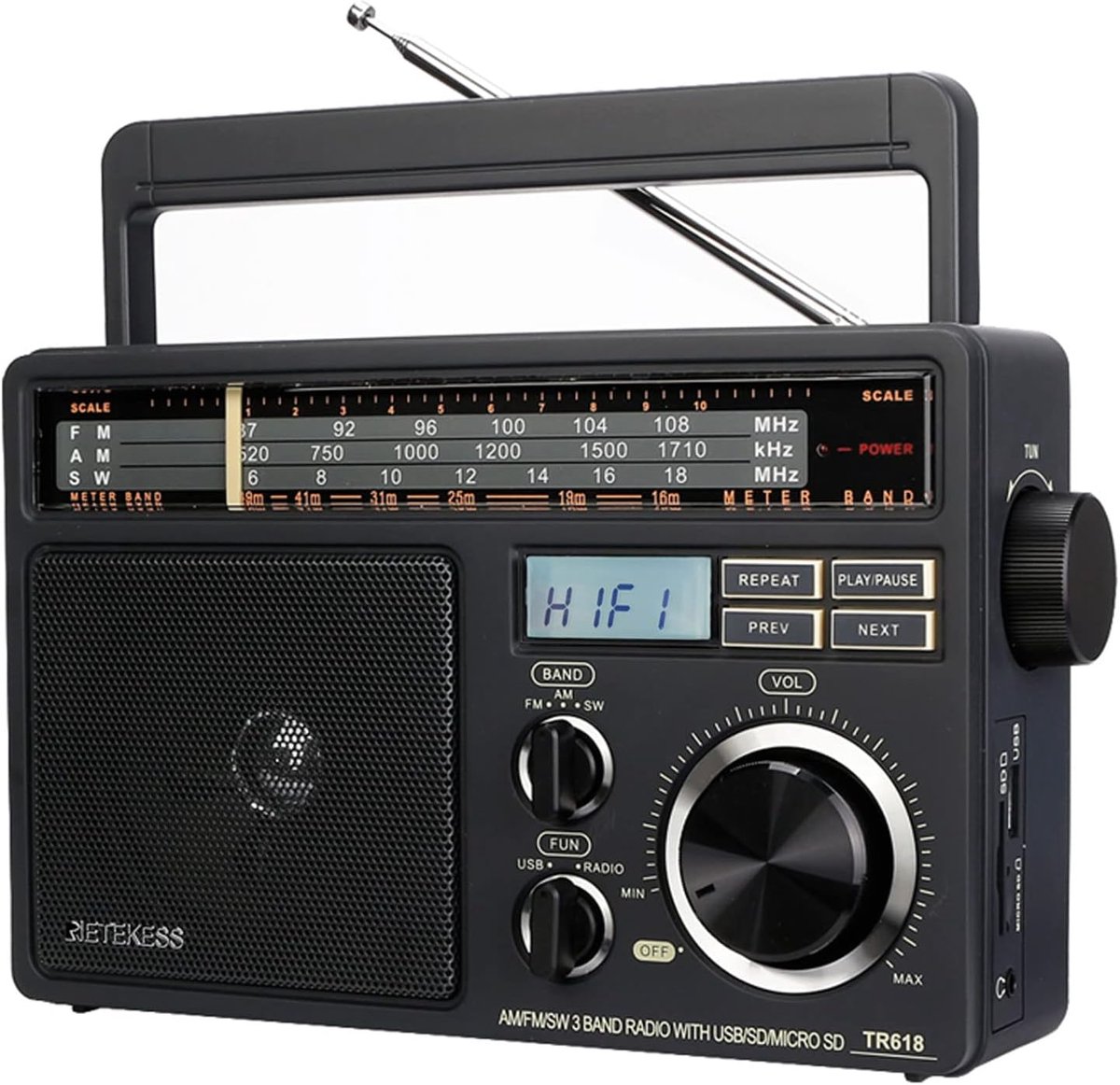 Draagbare Radio-Retekess Radio-FM AM SW-Ondersteuning voor USB-TF-kaart- SD-kaart- met Hoofdtelefoonaansluiting-Cadeaus voor ouders-Donkergrijs-TR618