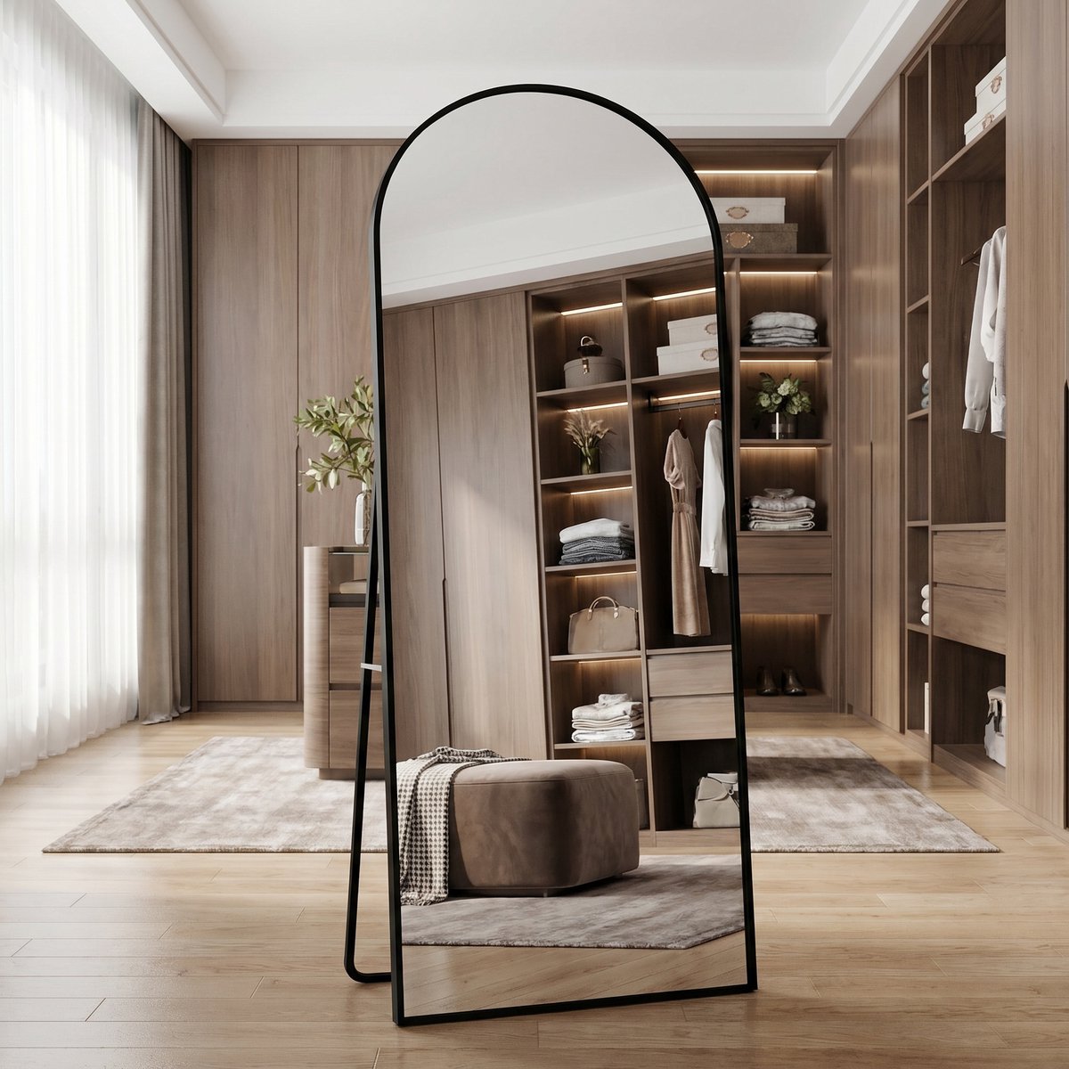 Grote, Gebogen Spiegel, 162x53 cm, Minimalistische Vrijstaande Spiegel, Grote Staande Spiegel, Gebogen en Hangend, Elliptisch, Voor Slaapkamer, Woonkamer, Hal, Zwart (Zwart, 162x53 cm)