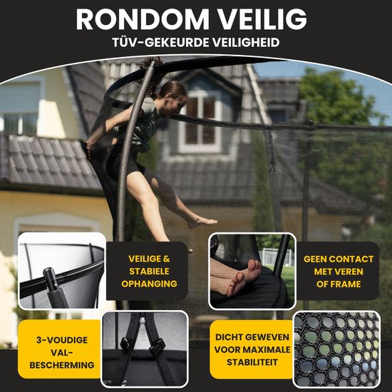 Meisje springt op een zwarte trampoline met veiligheidsnet. Inzetstukken tonen veilige ophanging, 3-voudige valbescherming, voet op de mat en dicht geweven stabiliteit.