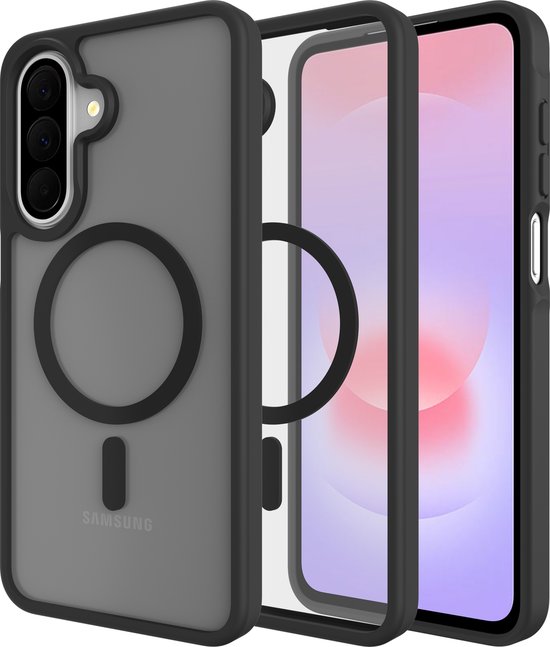 De Cazy Samsung Galaxy A27 hoes, mat zwart, toont de MagSafe cirkel en Samsung logo.