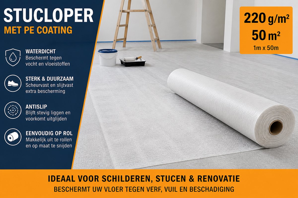 Stucloper 50m² – Waterdicht Afdekvlies 220 g/m² – Sterke Vloerbescherming voor Schilderen, Renovatie & Bouw – PE Coating