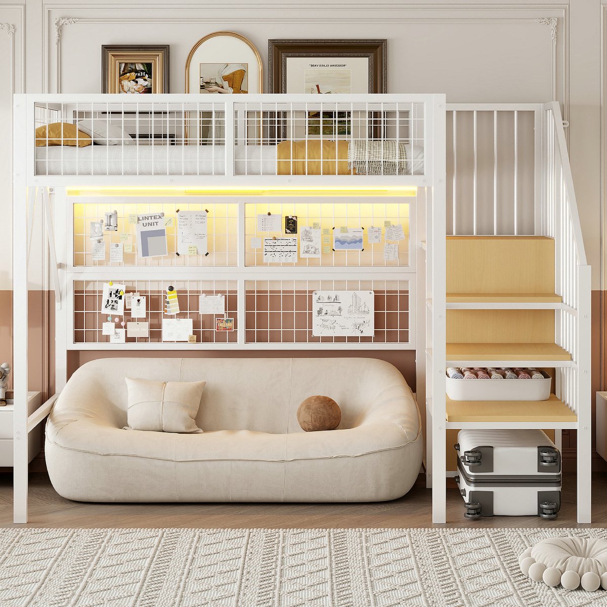 VVBV Stapelbed 90x200 – Kinderstapelbed met Opbergtrap, Opbergruimte en LED – Metaal – Wit – App-Bediening – Voor Kinderen en Tieners – Stapelbed met Kast