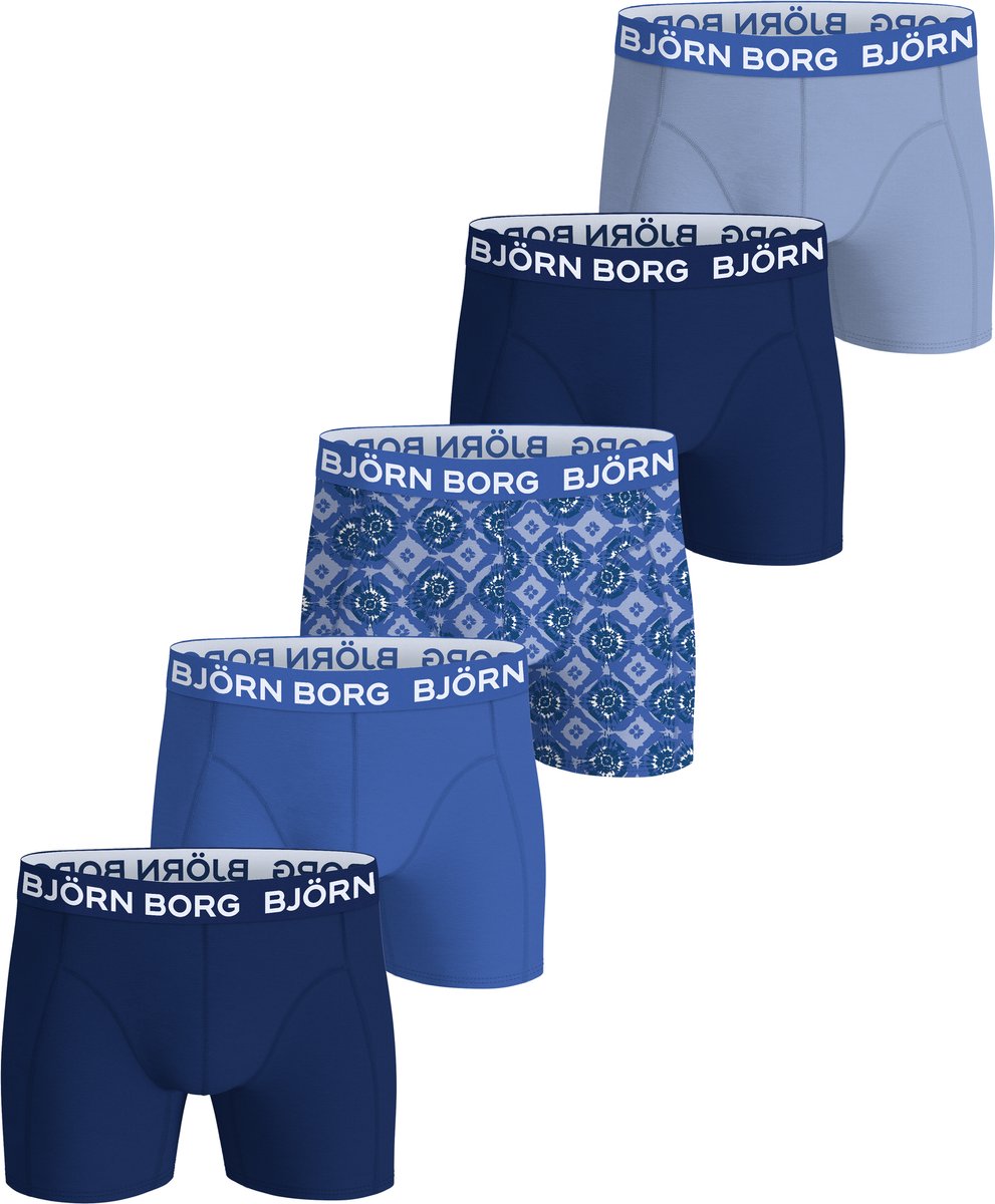 Björn Borg Cotton Stretch boxers - heren boxers normale lengte (5-pack) - blauw - donkerblauw - print - blauw - donkerblauw