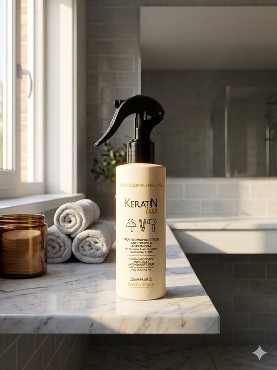 Keratin Liss Thermoprotector sprayfles op een marmeren aanrecht, met handdoeken opgerold.
