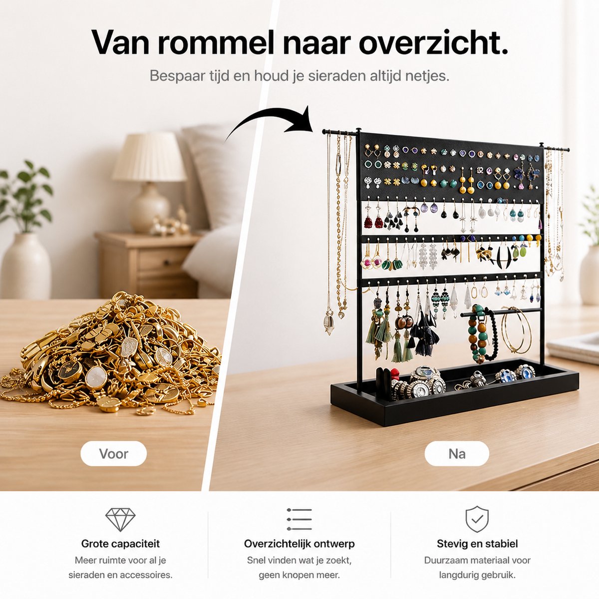 BOTC Sieradenhouder - Voor kettingen / armbanden / Oorbellen - Sieraden Organizer - Oorbellenrekje - Ketting houder - Zwart — cadeau in Wonen & Interieur - foto 3