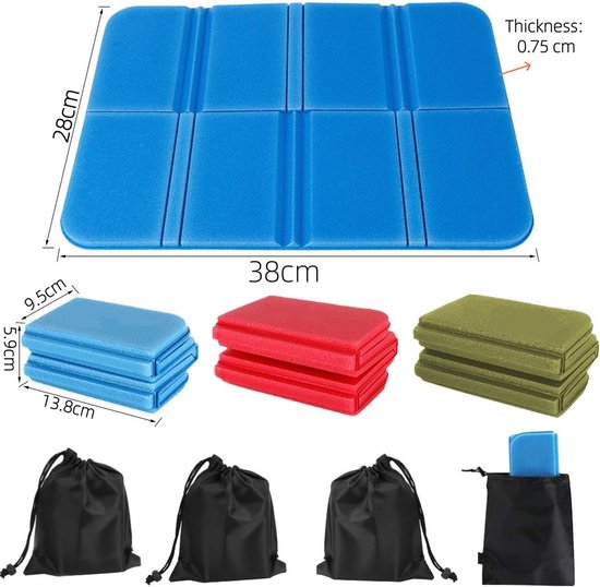 Set van 4 zitkussens - Kampeermatjes - Vochtbestendige buitenmatten - Opvouwbare zitmatjes - Waterdichte schuimmatten - Inclusief opbergtas - Voor wandelen, reizen, bergbeklimmen, kamperen, picknicken, vissen (38 x 28 cm - Meerkleurig) — afbeelding 2