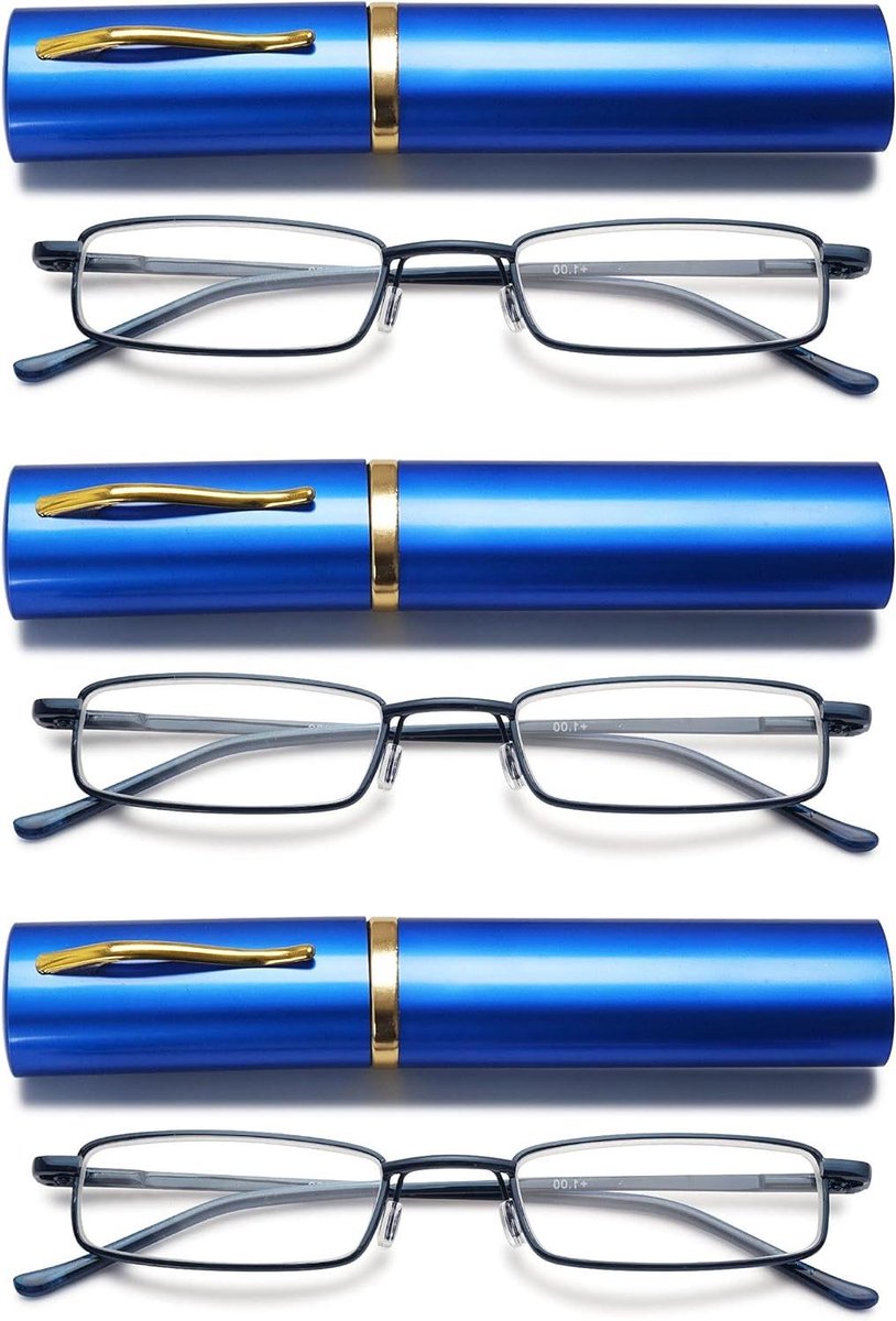 Leesbrillen Metaal - Leeshulp Ooglook - Comfortabel Lezen - Klassiek Scharnier - 3 Stuks - Blauw