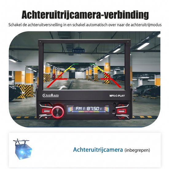 Achteruitrijcamera-verbinding met parkeerlijnen op het 7-inch autoradio scherm.