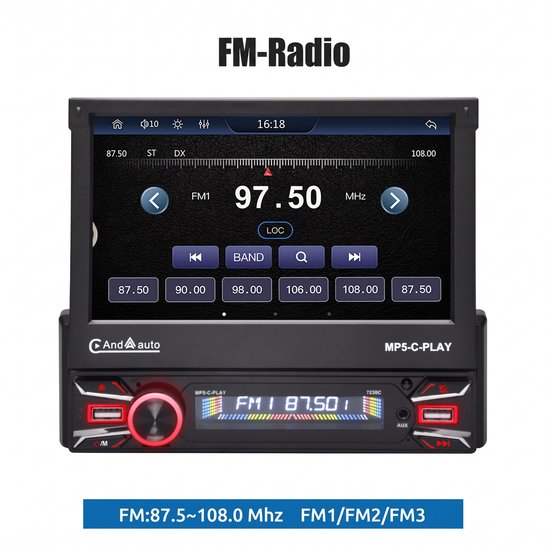 FM-radio met 7-inch touchscreen, toont 97.50 MHz en 4 preset radiozenders.