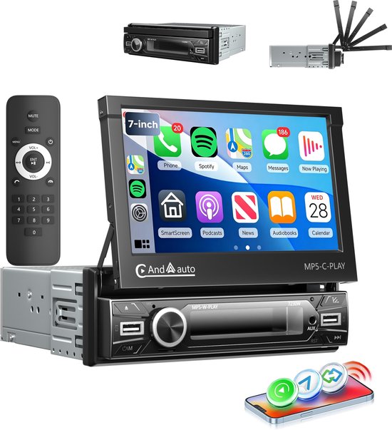7-inch autoradio met uitklapbaar scherm, toont smartphone-interface, met afstandsbediening en componenten.
