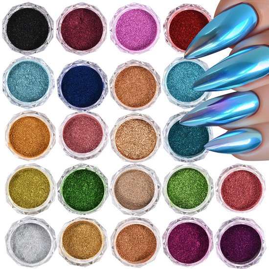 22 potjes met glinsterend chrome poeder in diverse kleuren, met een hand en nagels die een glinsterend chrome effect hebben.