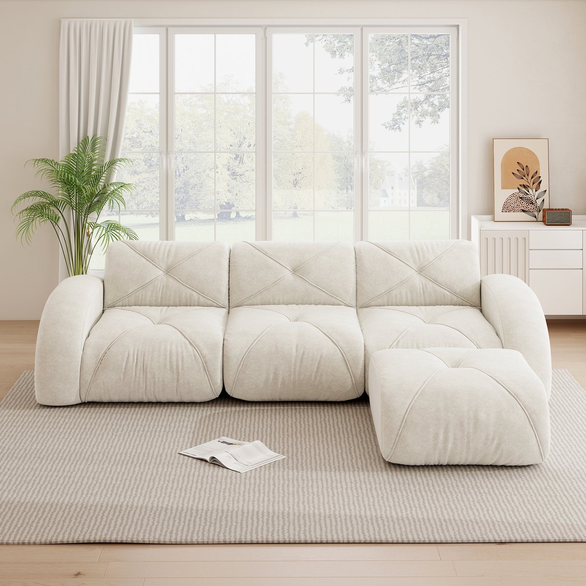 MODFU Modulaire Bank - Driezits Met Hocker - Woonkamer - Chenille - Wit