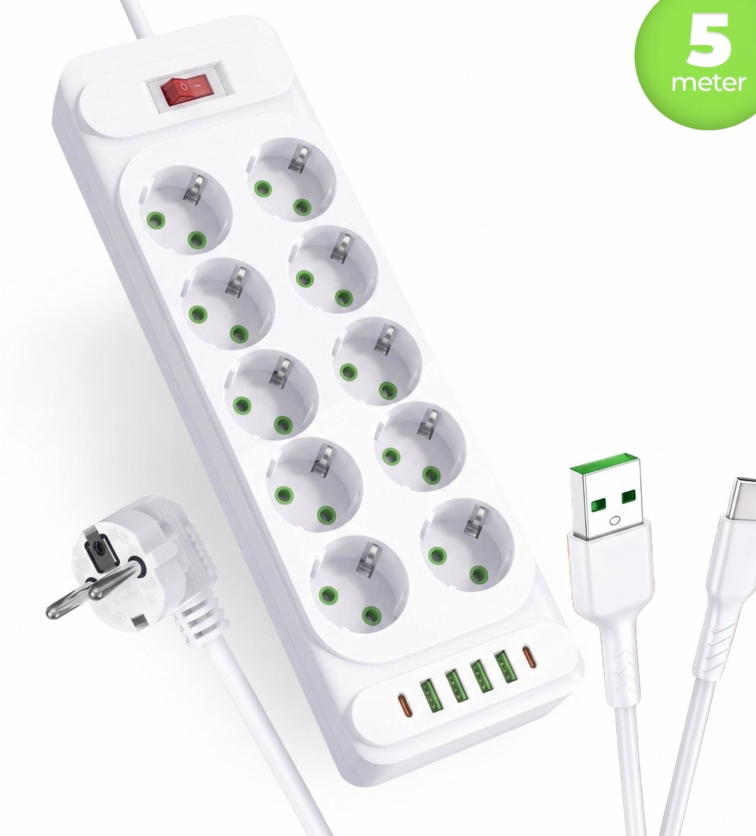 intplus+ Power Brick Stekkerdoos - 5 Meter – 10 Stopcontacten & 6 USB-Poorten (2x USB-C PD, Snelladen) – 2500W – Met Schakelaar & Overspanningsbeveiliging - Wit