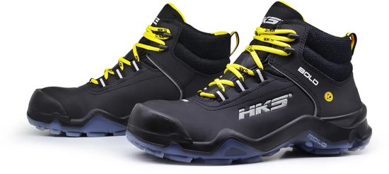 Twee zwarte, hoge werkschoenen met gele veters, opdruk 'HKS' en 'BOLD'.