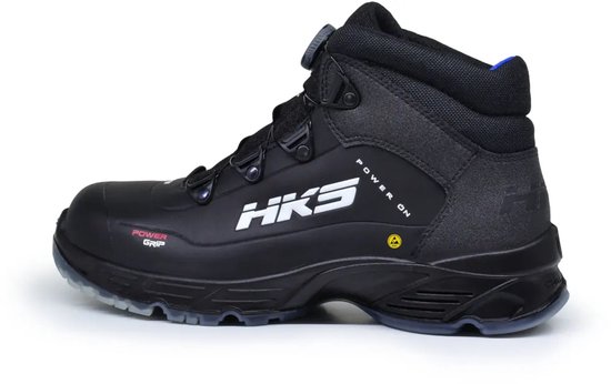Zwarte werkschoen met BOA-sluiting, HKS logo en 'Power Grip' tekst.