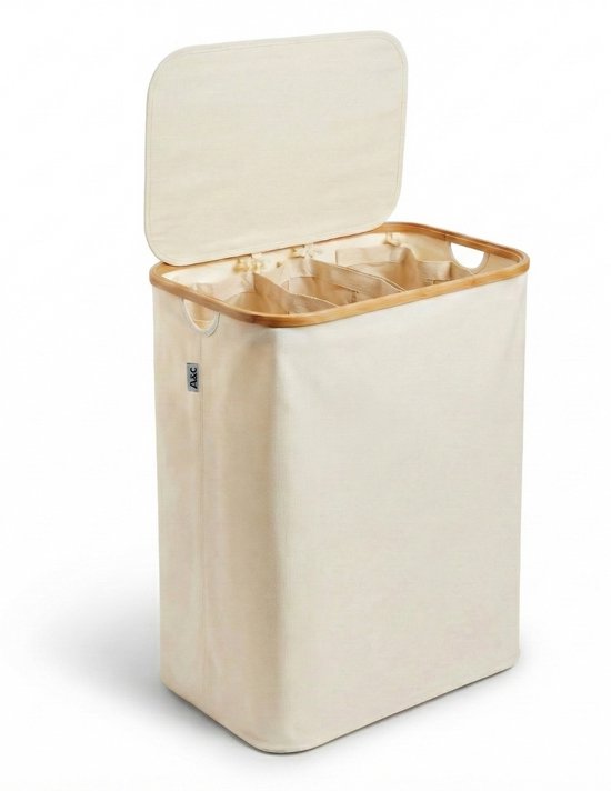 Alles & Co. XXL Wasmand 141 Liter - 3 Vakken Wassorteerder - Met Uitneembare Waszakken - Bamboe & Beige