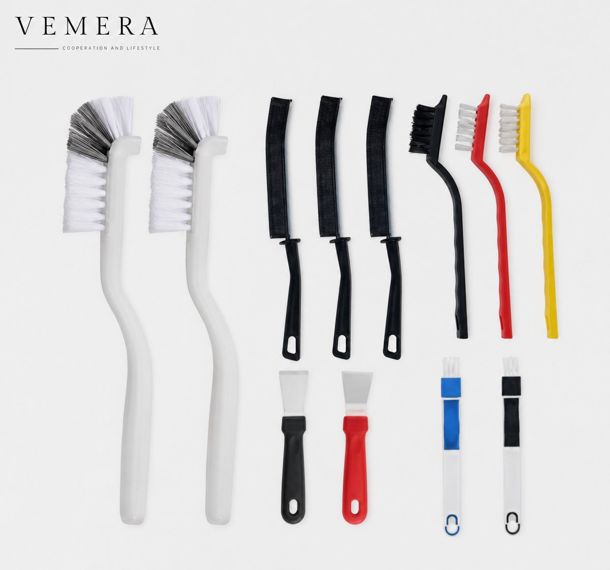 Vemera borstel set - schoonmaak borstel - 11 stuks - keukengerei - potten en pannen - ergonomische grip - spleetgeiniging - zwart - rood - geel - wit