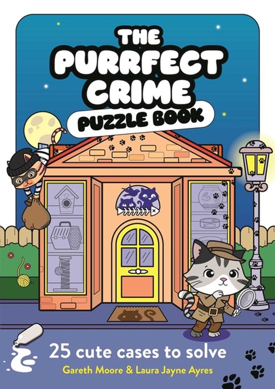 Boekcover van 'The Purrfect Crime Puzzle Book', met een huis en katten die misdaden oplossen. 25 leuke zaken om op te lossen.
