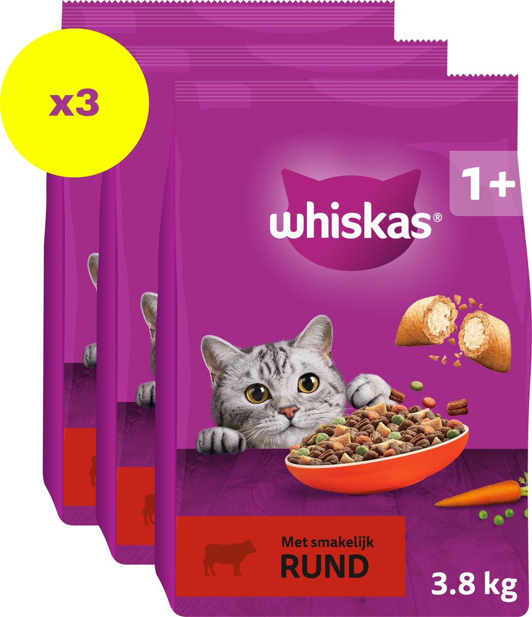 3x Whiskas 1+ Adult Katten Droogvoer Rund 3,8 kg