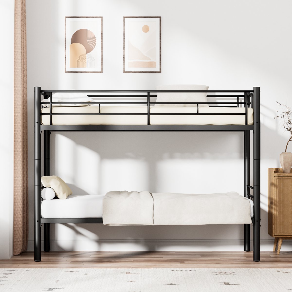 Zubaliya Etagenbett Kinder 90x200cm Zwart - Umbaubar zu 2 Einzelbetten, Sicherheitsgeländer & Anti-Rutsch Treppe
