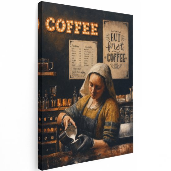 Close-up van een schilderij van een barista met een kapje en schort die melk in een koffiekopje schenkt.