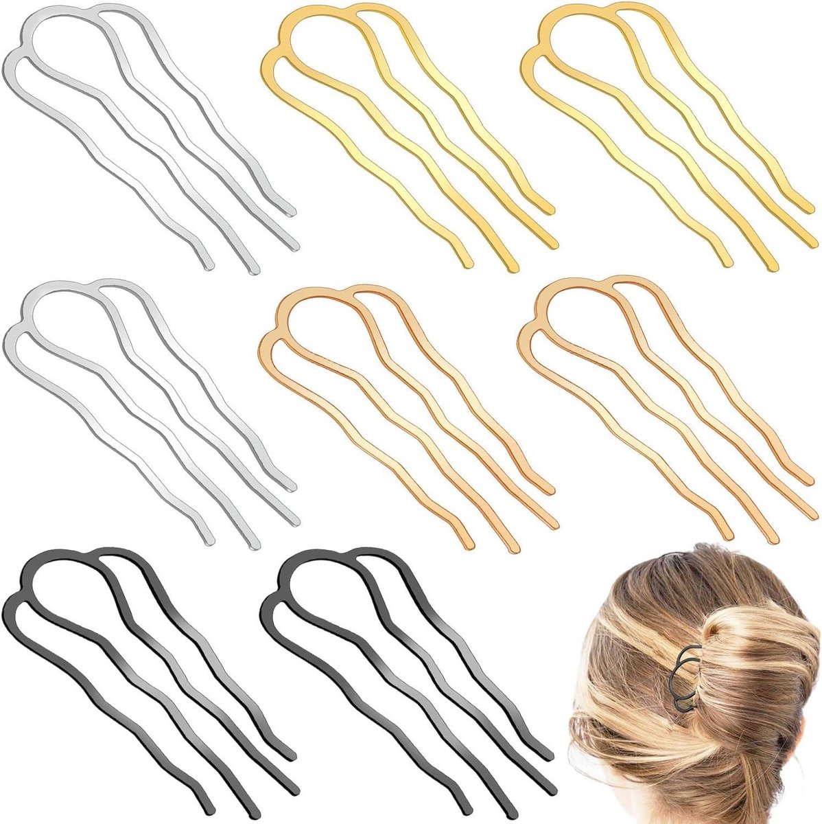 Haarkammen Set - Haarspelden Vorkjes - Haar Opsteken - U-Vorm Ontwerp - 8 Stuks - Zwart
