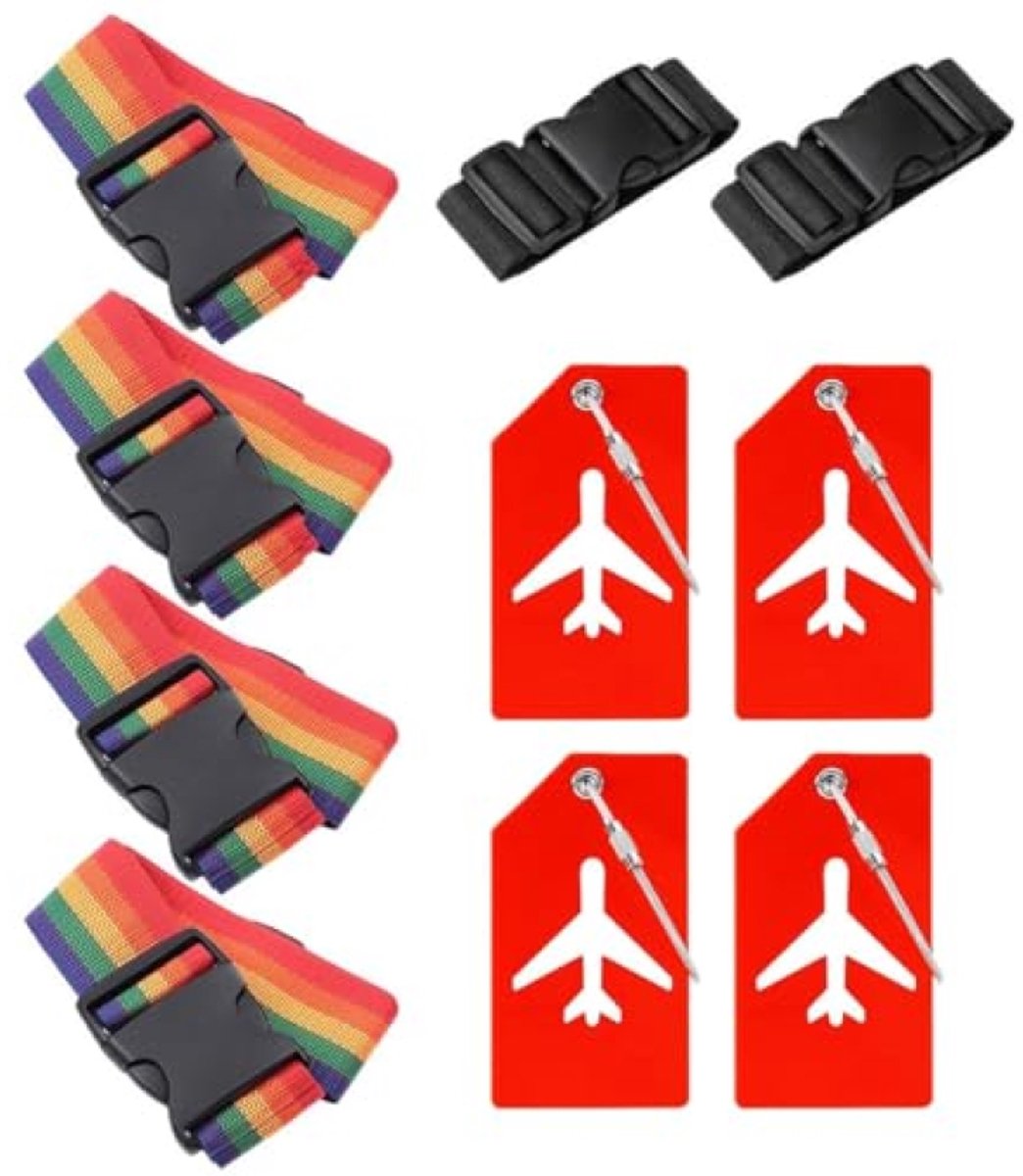 4 stuks kofferriemen + 4 kofferlabels + 2 bagageriemen, verstelbare kofferbanden 100-185 cm, opvallende bagageriem voor koffer, kleurrijk