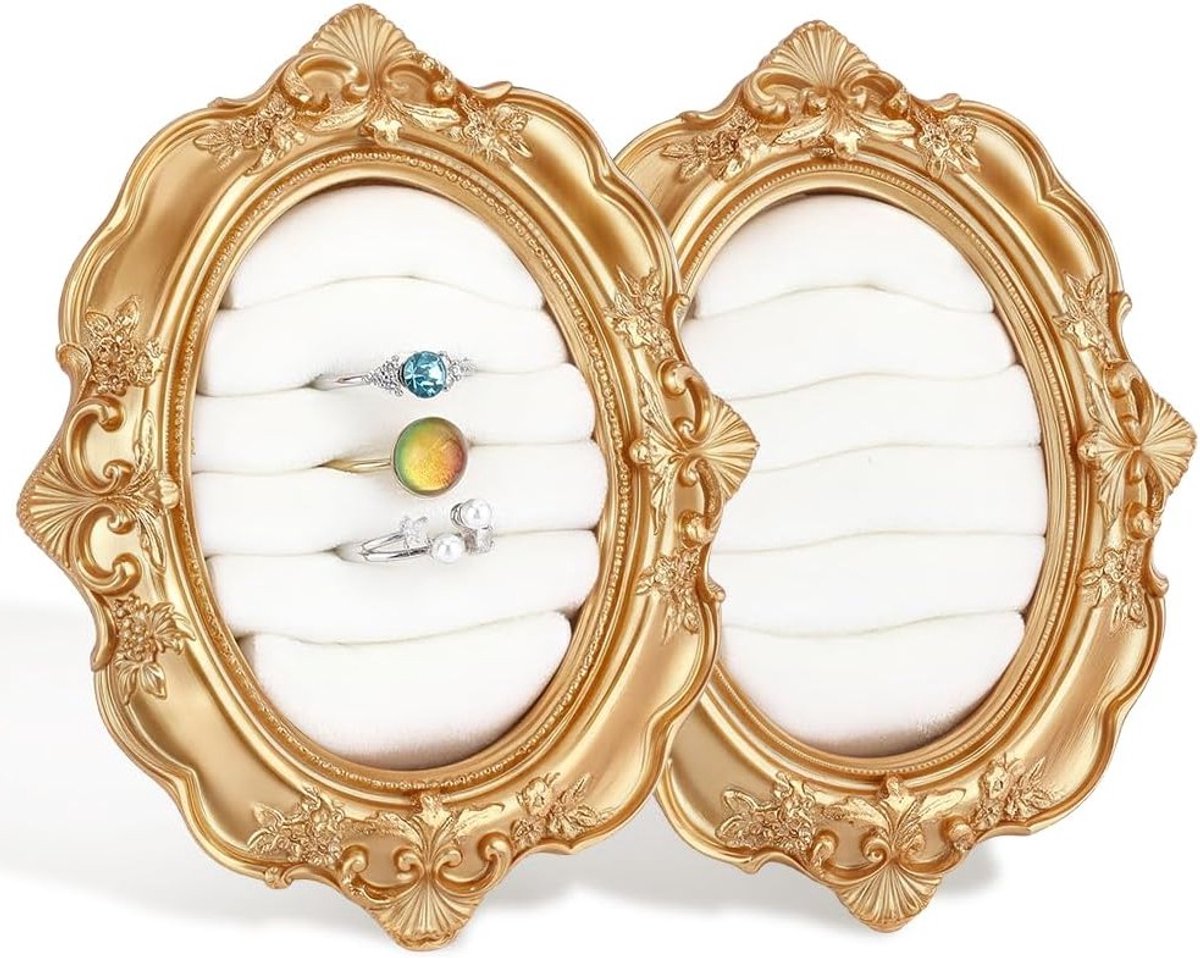 Gouden vintage ringvormige oorbelhouders, fluwelen sieradenstandaard, tentoonstellingsdienblad voor sieraden, ringorganizer en vitrine voor bruiloften en evenementen
