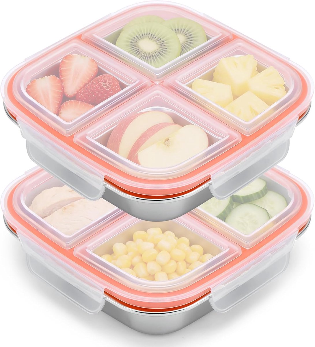 KZQ Roestvrijstalen Snackbox met 4 Vakken – Set van 2, 600 ml, Lekdichte Broodtrommel voor Kinderen, Herbruikbare Lunchbox voor Fruit, Groente en Noten