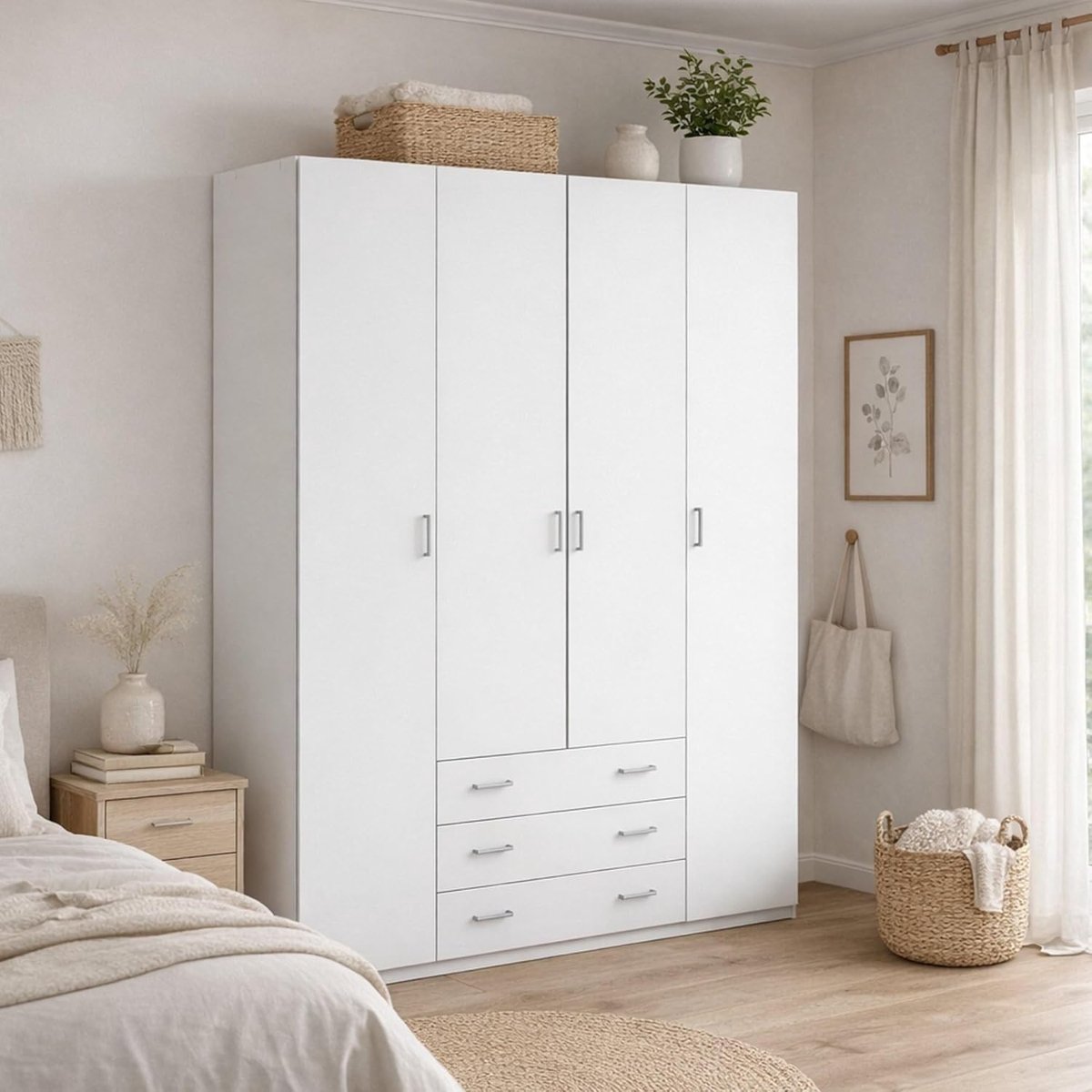 Ruime 4-Deurs Kledingkast met 3 Lades 154x50x200 cm Metalen Garderobekast voor Kinderen en Slaapkamer