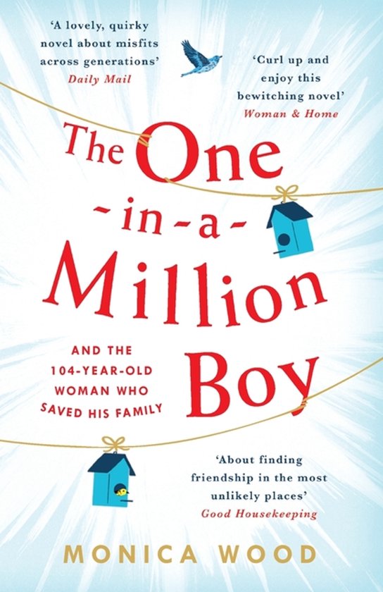 Boekcover 'The One in a Million Boy' met rode titel, quotes en illustraties van vogelhuisjes en vogels.