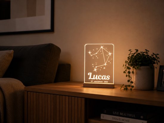 Gepersonaliseerd sterrenbeeld lampje Weegschaal – Met Naam & Datum – Uniek Nachtlampje Babykamer - kraamcadeau - 11x15cm - ledlamp van Laserloom — afbeelding 2
