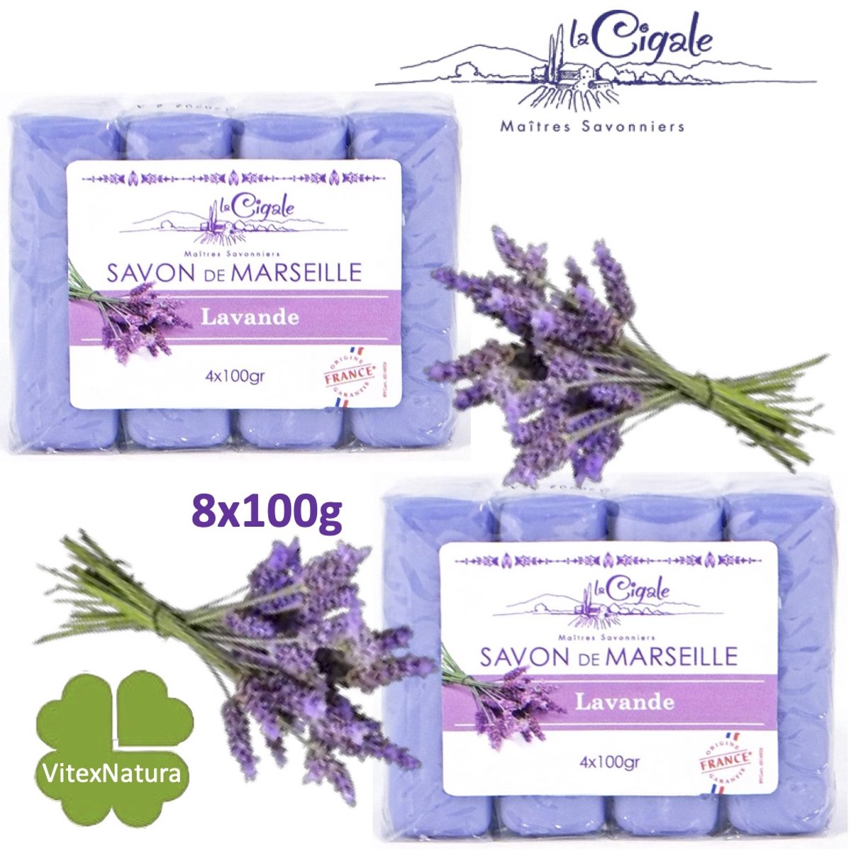La Cigale Savon de Marseille Zeep - Glycerine en Lavendel - 100 gram - 8 Zeepblokken