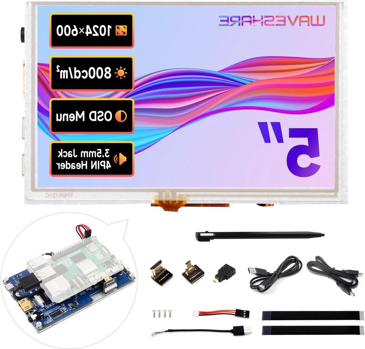 Touchscreen Monitor - HMI Display - Embedded Projecten - Hoge Helderheid - 5 inch - Zwart