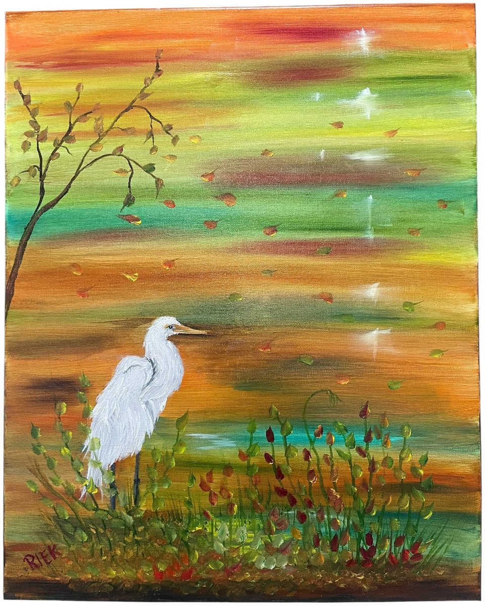 Olieverf Schilderij Witte Reiger – Handgeschilderd Kunstwerk – 40 x 50 cm – Riek van de Bor