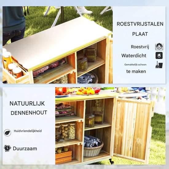 Buitenkeuken op Wielen – BBQ Trolley – Met Opbergkast & Planken – Werktafel voor Buiten – Hout & Metaal – Multifunctioneel – Natuurlijk hout — afbeelding 5