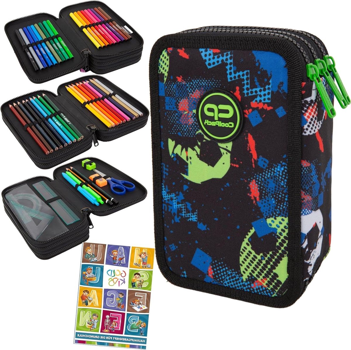 Etui met 3 vakken - Pennenetui Gevuld - School Organisatie - Voetbal Design - 3-fähig - Zwart Blauw Groen