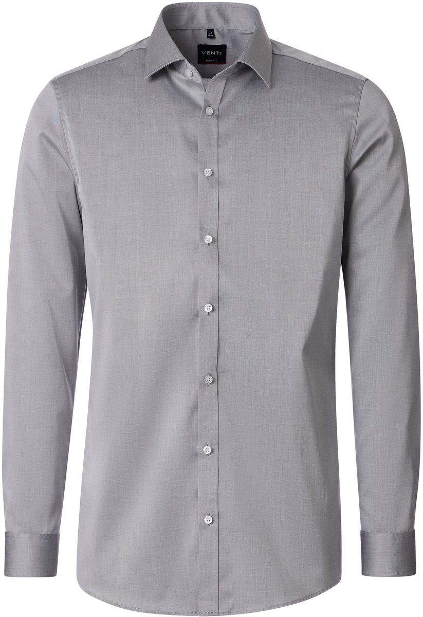 VENTI body fit overhemd - twill - zilvergrijs - Strijkvrij - Boordmaat: 45