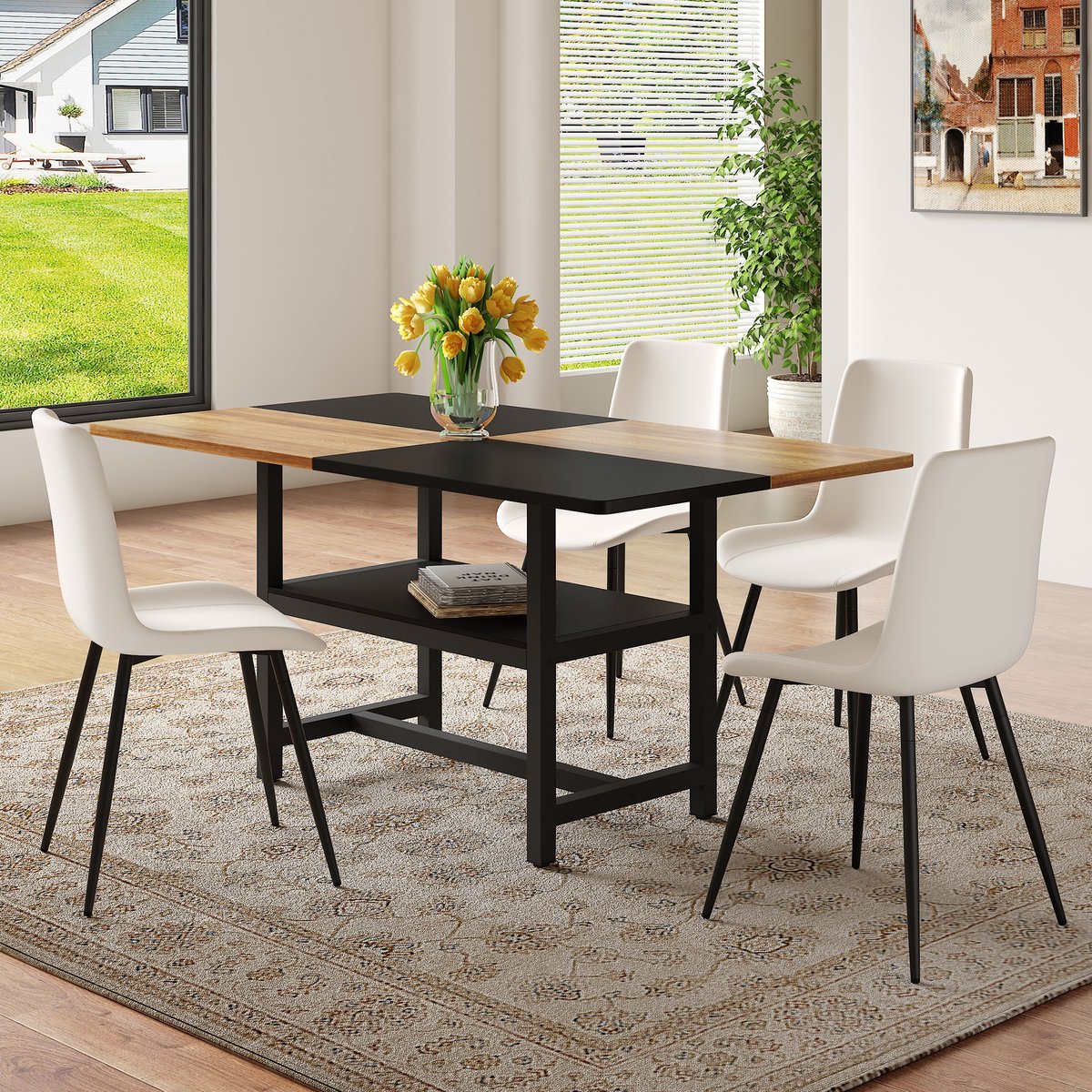 Een rechthoekige eettafelset van 160 cm met multifunctioneel opbergvak en 4 witte eetkamerstoelen van PU-materiaal met brede zitkussens, geschikt voor de woonkamer, eetkamer, keuken, enz.
