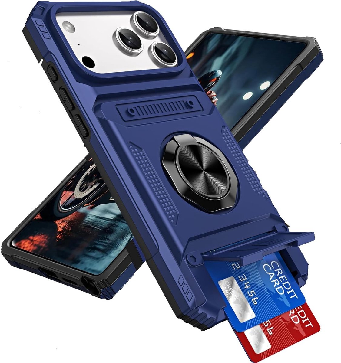 iPhone D Pro Max Hoes met Kaarthouder en Camera Bescherming - Schokbestendig, Anti-Kras, Militaire Bescherming en Magnetische Ringstand