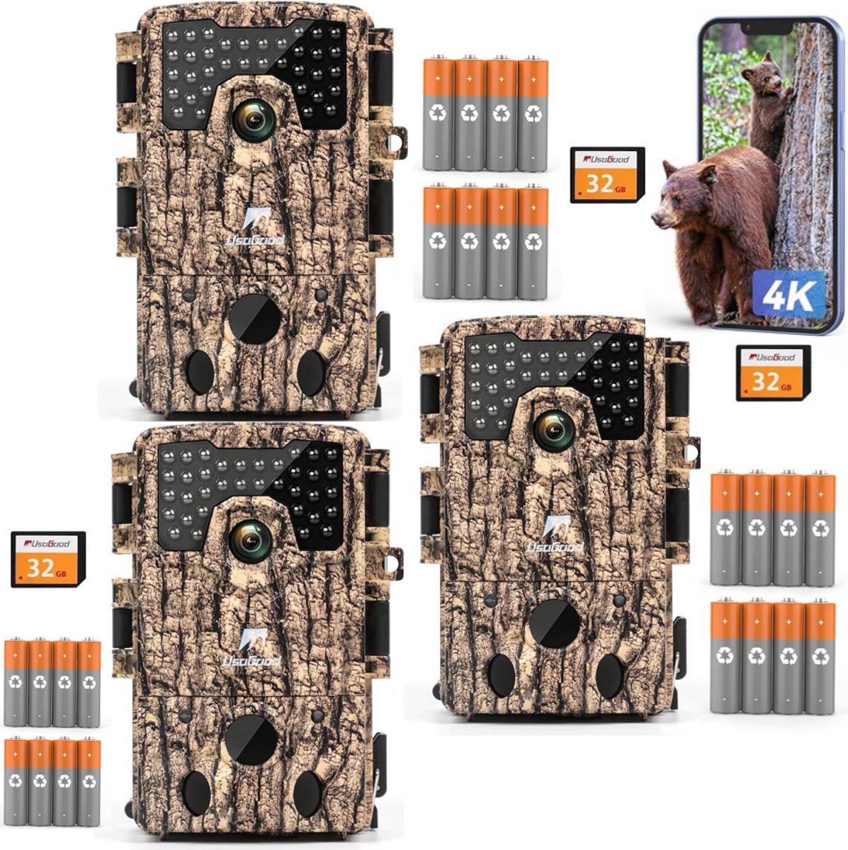 Usogood Wildcamera met Nachtzicht voor Buiten - 4K Ultra HD 48MP - 120° opnamehoek - Nachtcamera - Incl. 32GB SD & 8 Batterijen - 3Stuks