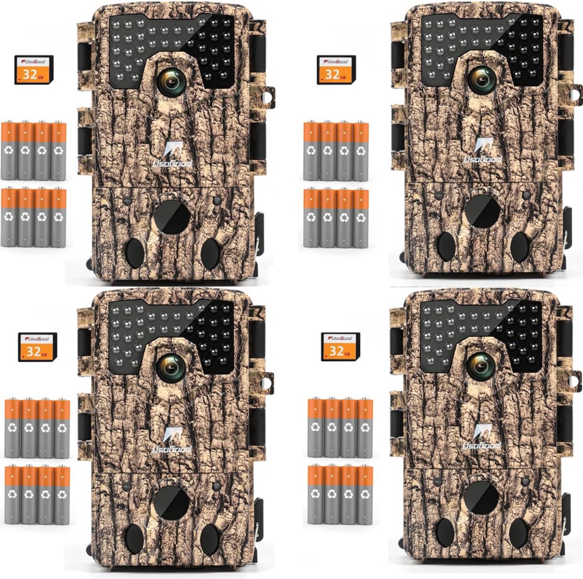 Usogood Wildcamera met Nachtzicht voor Buiten - 4K Ultra HD 48MP - 120° opnamehoek - Nachtcamera - Incl. 32GB SD & 8 Batterijen - 4Stuks