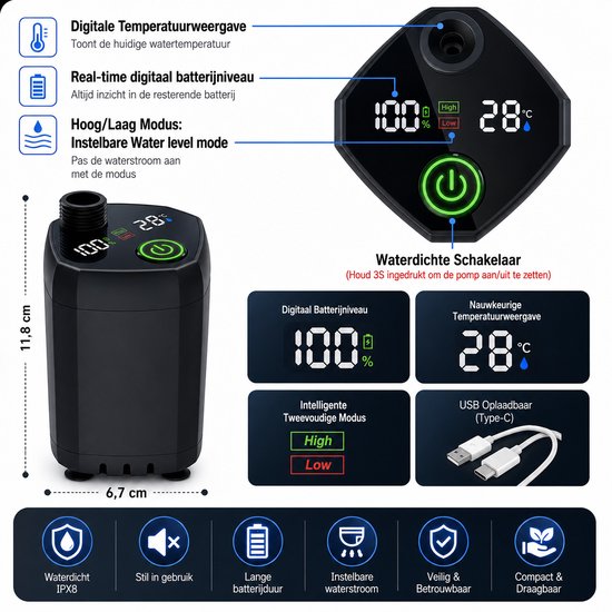 Camping Douche - Oplaadbare Accu - Elektrische Outdoor Douchepomp - Buiten Douche - LED Display - Staza