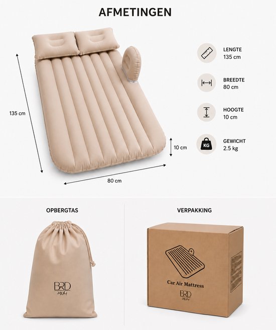 BRD® Auto Luchtbed Beige - Achterbank 12V Pomp 2 Kussens Matras 78 cm — afbeelding 3