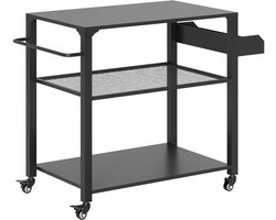 Buitenkeuken op Wielen – BBQ Trolley – Met Opbergkast & Planken – Werktafel voor Buiten – Hout & Metaal – Multifunctioneel – Zwart