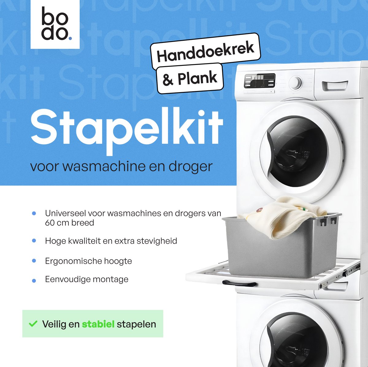 Bodo® Stapelkit - Tussenstuk met Handdoekhouder en Plank - Wasmachine en Droger - Wit — afbeelding 4