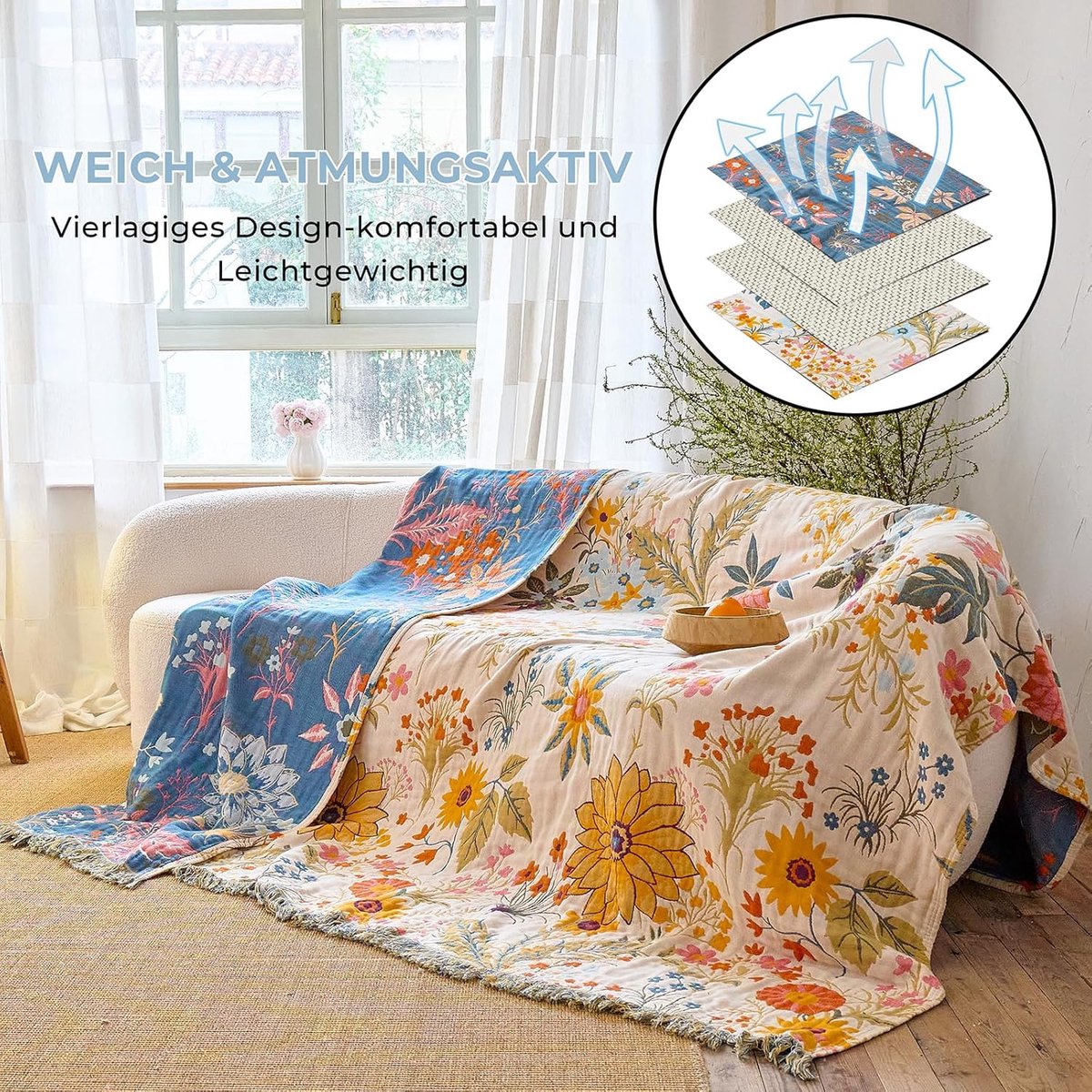 Boho-sprei- 100% katoen- dubbelzijdige decoratieve lentesprei met franjes- voor het hele jaar door bruikbaar- mousseline deken met prachtig bloemenpatroon- geschikt voor eenpersoonsbed- 150 x200cm — cadeau in Wonen & Interieur - foto 3