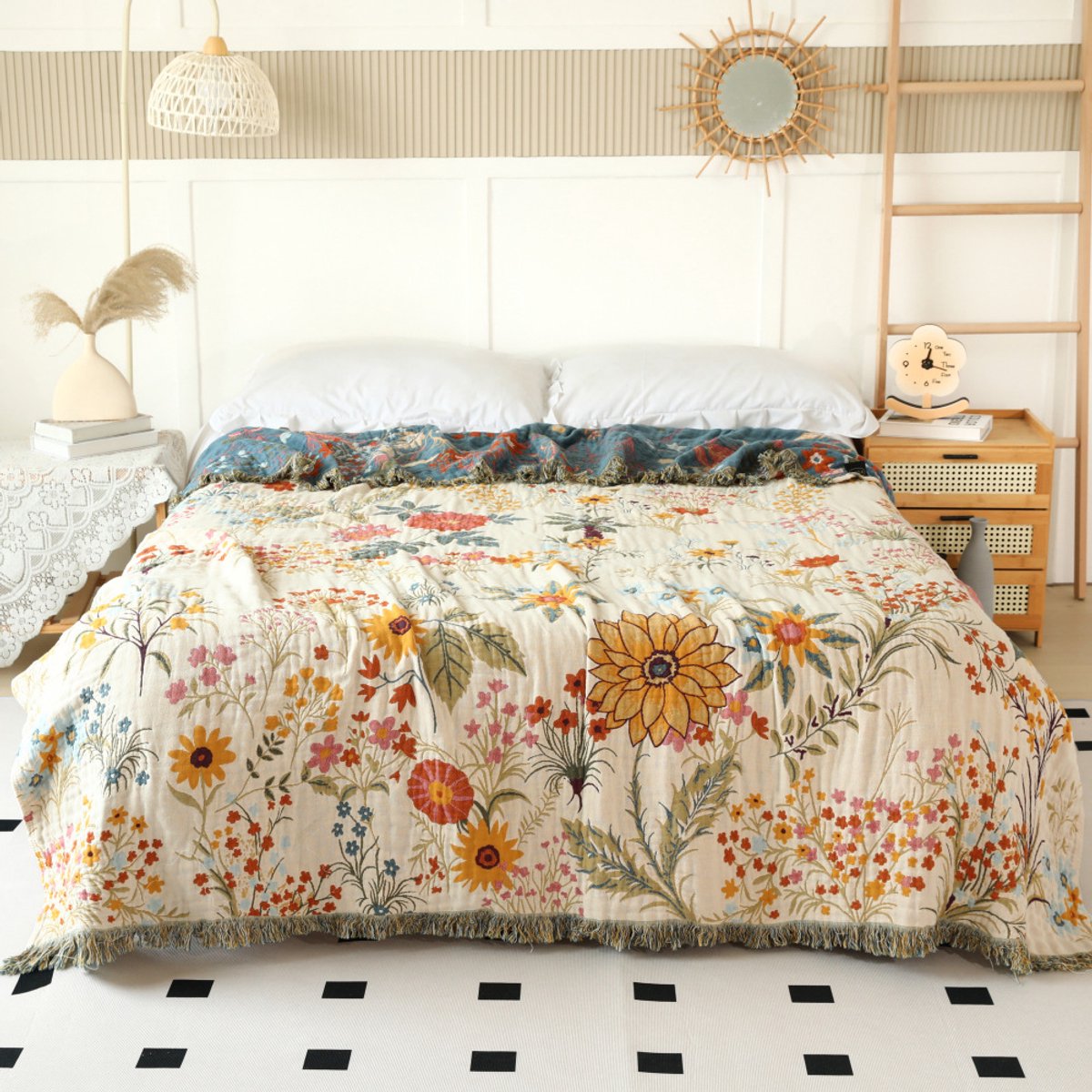 Boho-sprei- 100% katoen- dubbelzijdige decoratieve lentesprei met franjes- voor het hele jaar door bruikbaar- mousseline deken met prachtig bloemenpatroon- geschikt voor eenpersoonsbed- 150 x200cm — cadeau in Wonen & Interieur - foto 8