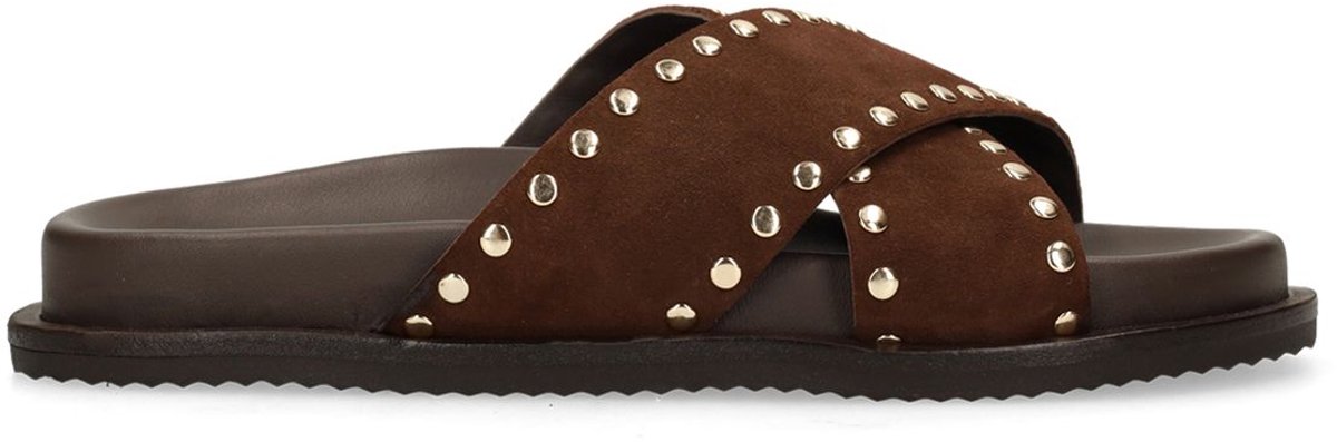 Sacha - Dames - Bruine suède slippers met goudkleurige studs - Maat 39