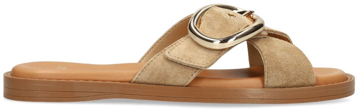 Manfield - Dames - Beige suède slippers met gouden gesp - Maat 42